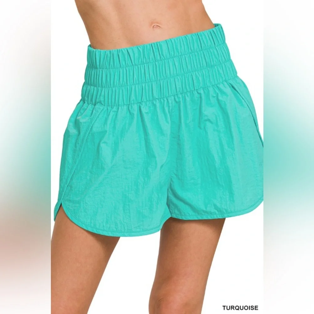 NWT! ZENANA Turquoise Windbreaker Smocked High Waistband Running Shorts - Picture 2 of 4